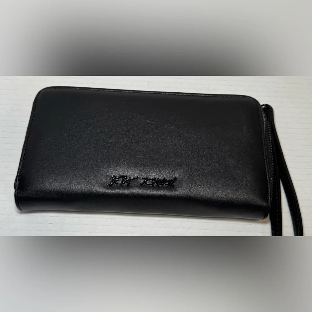 Betsey Johnson black faux leather zip-around wristlet/wallet